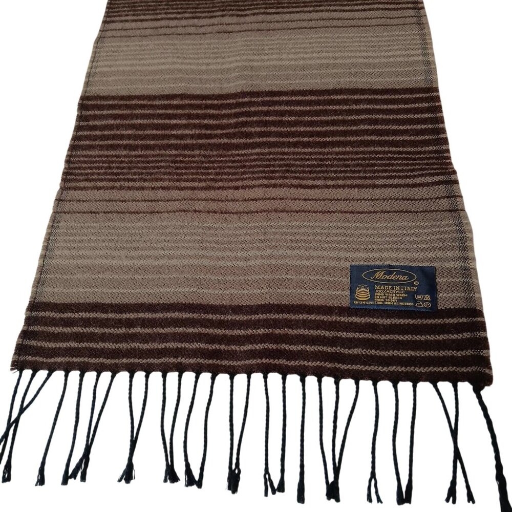Modena Scarf Brown Stripe Woven Acrylic Black Fringe 12.5" x 65.5" Long Italy